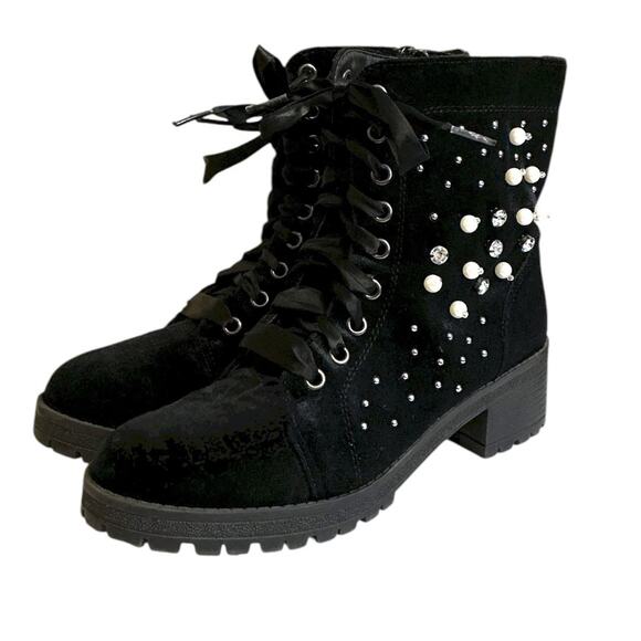 Madden Girl Boots Womens 7M Combat Black Rhinestone Studded Ankle Top Whimsigoth - Picture 8 of 12